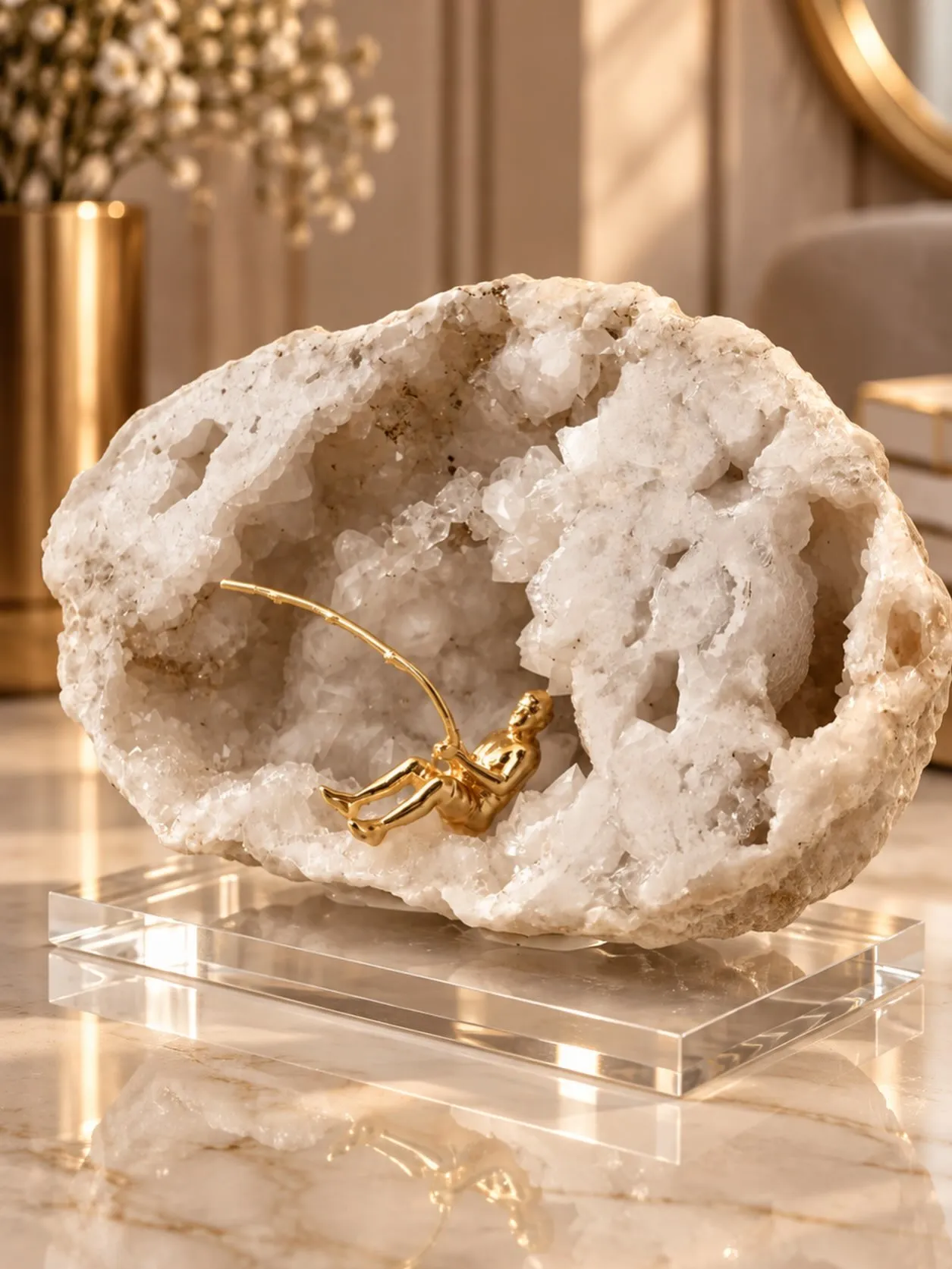Geodo de Quartzo com Figura Dourada